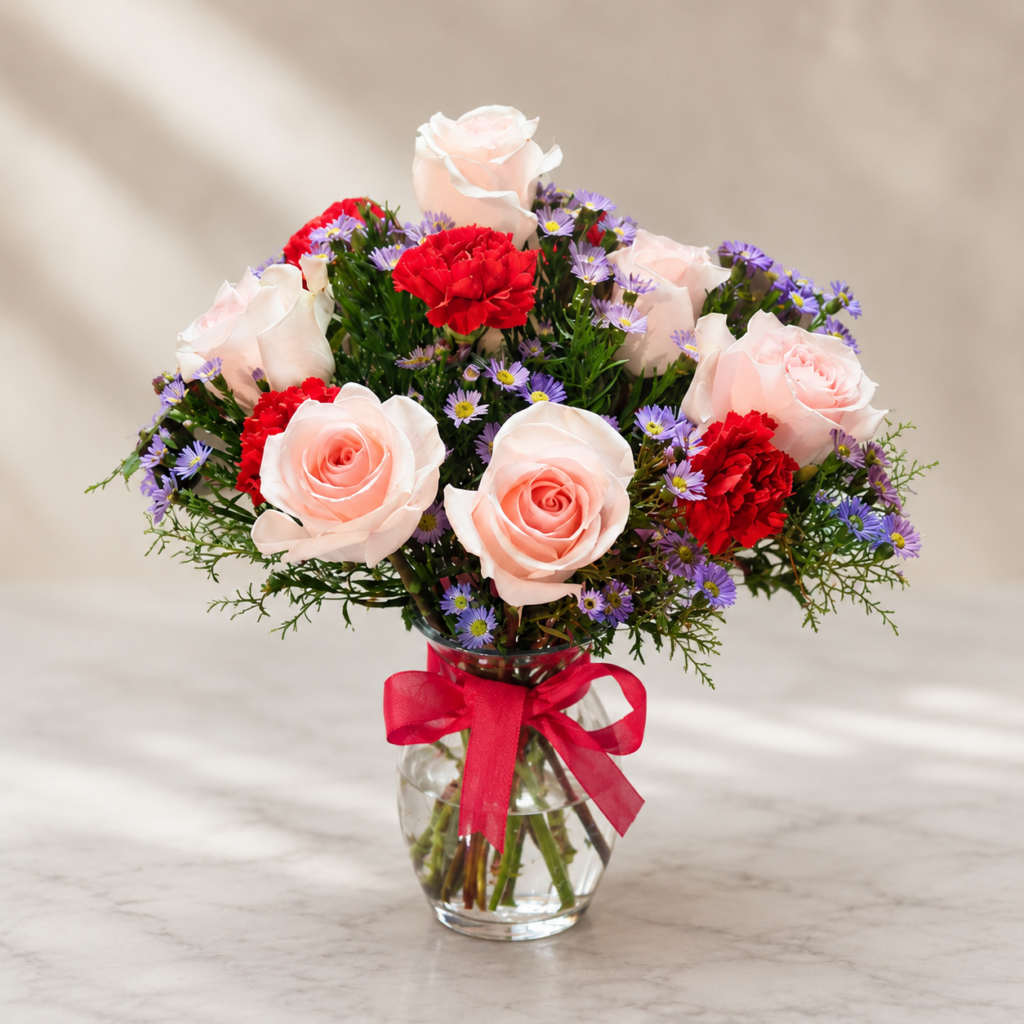 Fresh pink roses, red carnations, and purple daisies in a clear glass vase with a red ribbon, delivered fresh in Cincinnati and Northern Kentucky.