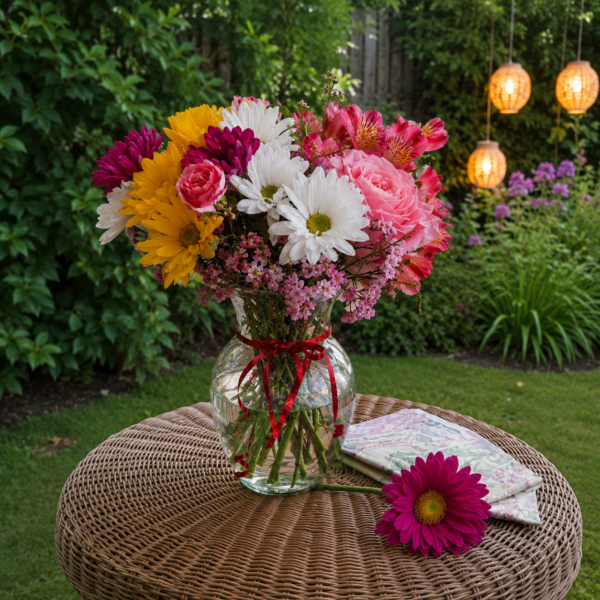 Colorful garden-inspired flower bouquet featuring sunflowers, pink roses, white daisies, alstroemeria, and seasonal blooms arranged in a clear glass vase.