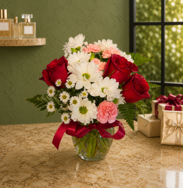Cool Pretty Girl Bouquet of red roses, white daisies, and pink carnations in a glass vase with greenery, tied with a red ribbon, displayed indoors with natural light.