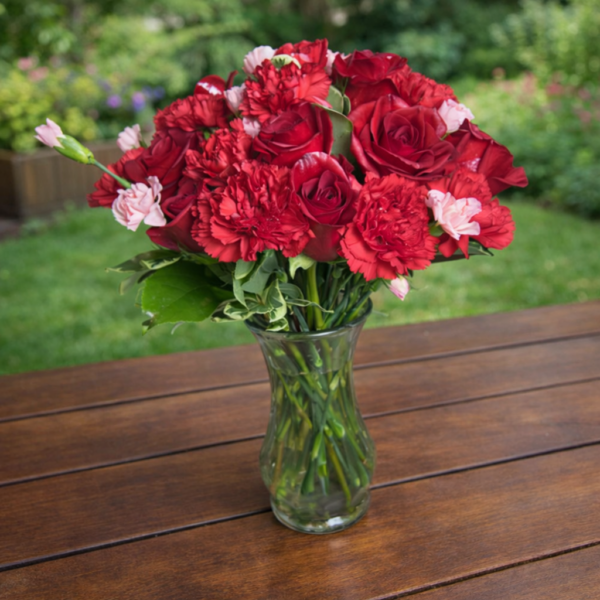 Como Tu No Hay bouquet of red roses, carnations, and pink blossoms in a clear vase on a wooden table, designed for weddings, events, and delivery in Cincinnati and Northern Kentucky.