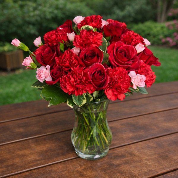 Como Tu No Hay bouquet of red roses, carnations, and pink blossoms in a clear vase on a wooden table, designed for weddings, events, and delivery in Cincinnati and Northern Kentucky.