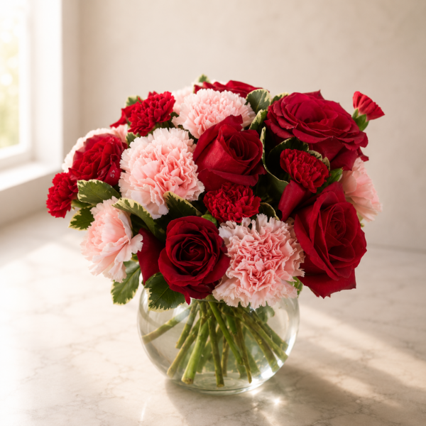 Courage To Forgive floral arrangement with red roses and pink carnations, delivered by local Cincinnati florist across Northern Kentucky.