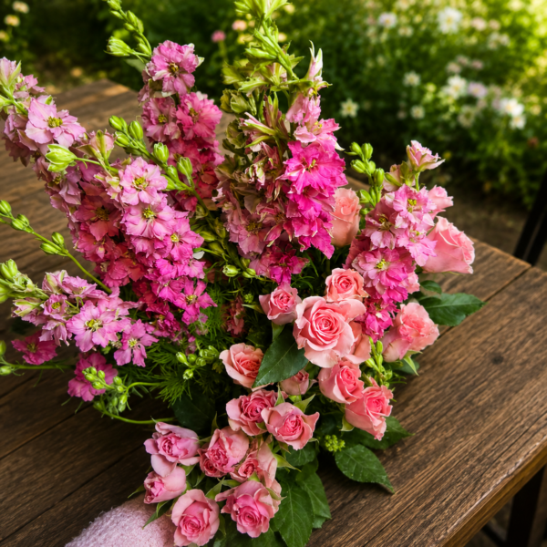 Crazy Beautiful bouquet of pink roses and magenta larkspur with lush greenery, handcrafted for freshness and reliable Cincinnati flower delivery.