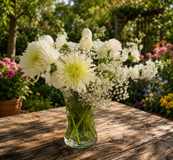 Elegant bouquet of white chrysanthemums, carnations, and baby’s breath in a clear glass vase on a wooden table with a garden background.