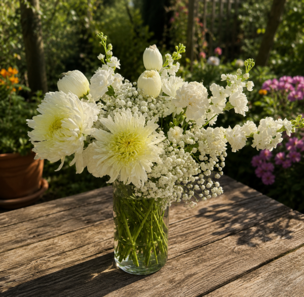 Elegant bouquet of white chrysanthemums, carnations, and baby’s breath in a clear glass vase on a wooden table with a garden background.