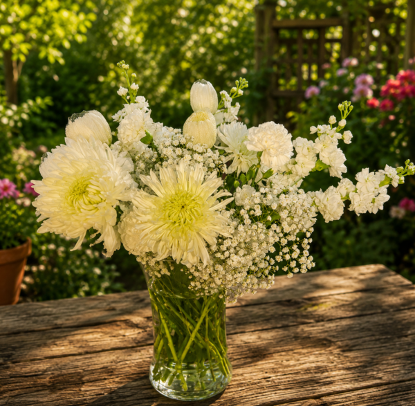 Elegant bouquet of white chrysanthemums, carnations, and baby’s breath in a clear glass vase on a wooden table with a garden background.