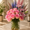 Liliana Smiles bouquet with pink roses, lilies, and accent blooms in a clear glass vase on marble surface, fresh floral arrangement for Cincinnati delivery