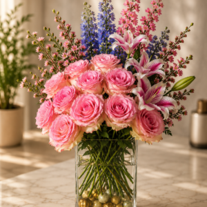 Liliana Smiles bouquet with pink roses, lilies, and accent blooms in a clear glass vase on marble surface, fresh floral arrangement for Cincinnati delivery