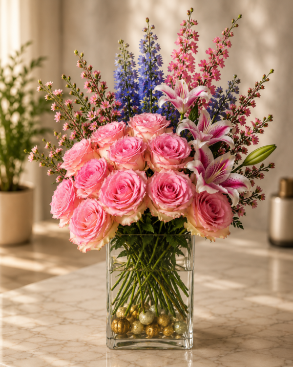 Liliana Smiles bouquet with pink roses, lilies, and accent blooms in a clear glass vase on marble surface, fresh floral arrangement for Cincinnati delivery