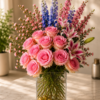 Liliana Smiles bouquet with pink roses, lilies, and accent blooms in a clear glass vase on marble surface, fresh floral arrangement for Cincinnati delivery