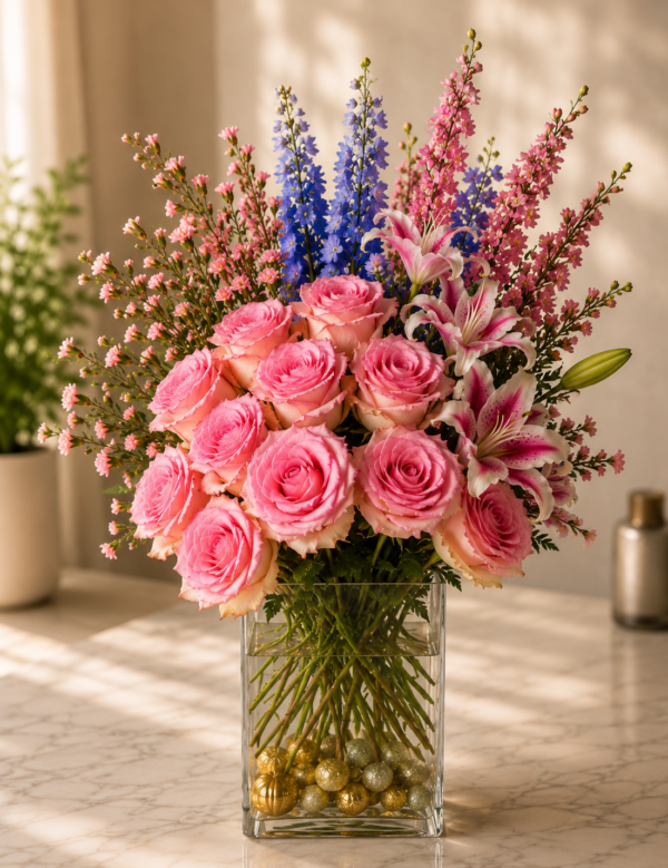 Liliana Smiles bouquet with pink roses, lilies, and accent blooms in a clear glass vase on marble surface, fresh floral arrangement for Cincinnati delivery