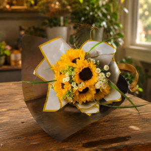 Fresh bouquet of sunflowers, white daisies, and greenery wrapped in gray and gold paper, displayed on a rustic wooden surface with warm indoor light.