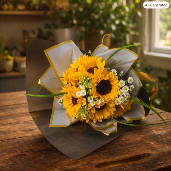 Fresh bouquet of sunflowers, white daisies, and greenery wrapped in gray and gold paper, displayed on a rustic wooden surface with warm indoor light.