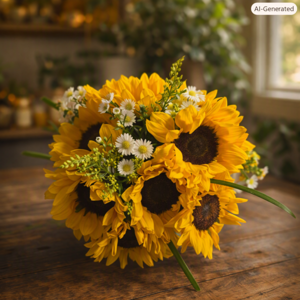 Fresh bouquet of sunflowers, white daisies, and greenery wrapped in gray and gold paper, displayed on a rustic wooden surface with warm indoor light.