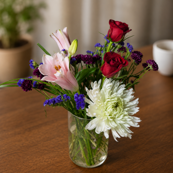 One Woman Man Bouquet featuring chrysanthemum, lemon grass, red rose, pink lily, and purple statice, arranged with fresh, high‑quality flowers and delivered across Cincinnati and Northern Kentucky.