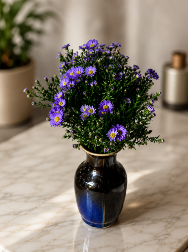 Something about Mary Fresh purple daisy bouquet with bright yellow centers arranged in a deep blue ceramic vase, styled on polished marble surface with soft natural background, elegant floral arrangement for secure Cincinnati delivery