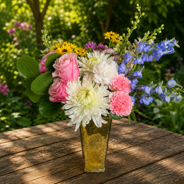 Princess and the Frog bouquet featuring pink roses, carnations, daisies, chrysanthemums, and lush greenery in a whimsical arrangement.