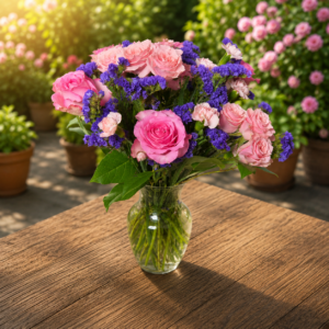 Pink roses and purple statice in a clear glass vase, handcrafted bouquet for weddings and special occasions, delivered fresh in Cincinnati and Northern Kentucky.