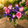 Pink roses and purple statice in a clear glass vase, handcrafted bouquet for weddings and special occasions, delivered fresh in Cincinnati and Northern Kentucky.