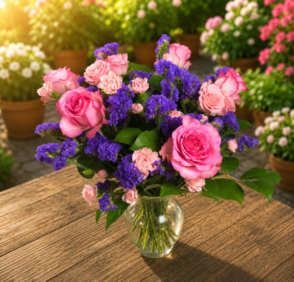 Pink roses and purple statice in a clear glass vase, handcrafted bouquet for weddings and special occasions, delivered fresh in Cincinnati and Northern Kentucky.