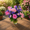 Pink roses and purple statice in a clear glass vase, handcrafted bouquet for weddings and special occasions, delivered fresh in Cincinnati and Northern Kentucky.