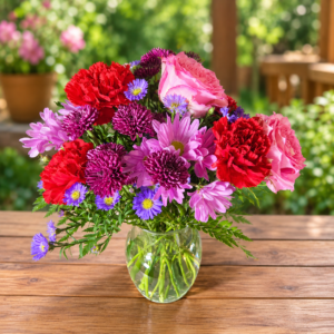 Amariah’s American Paradise bouquet with pink roses, red carnations, purple chrysanthemums, lavender daisies, and blue asters in a clear vase on a wooden table outdoors.