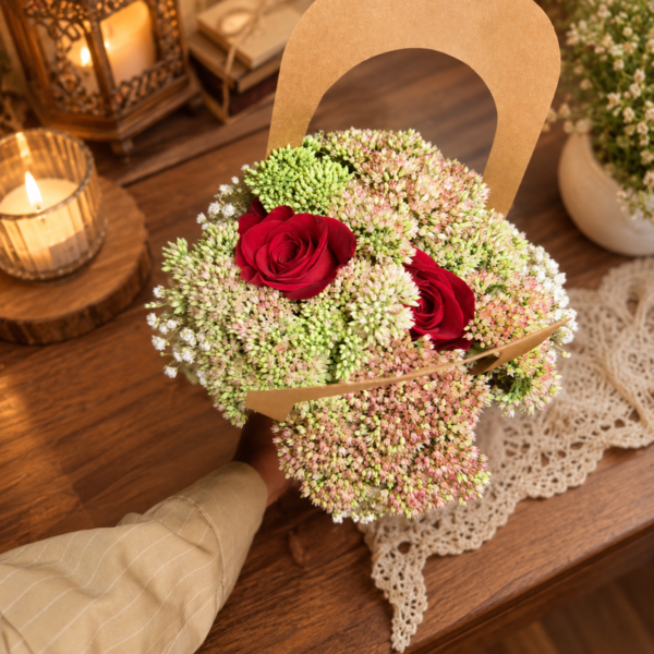 August in Ohio Bouquet with red roses, delicate buds, and lush greenery in a handcrafted arrangement on a wooden table.