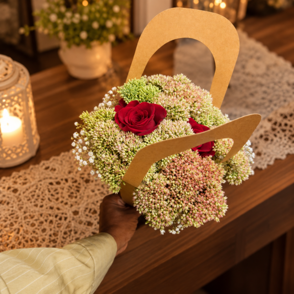 August in Ohio Bouquet with red roses, delicate buds, and lush greenery in a handcrafted arrangement on a wooden table.