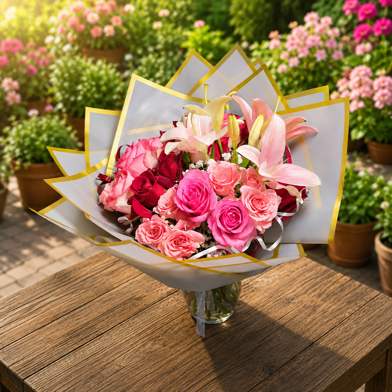 Elegant bouquet of pink roses, red roses, and lilies wrapped in white paper with gold trim, arranged in a glass vase.