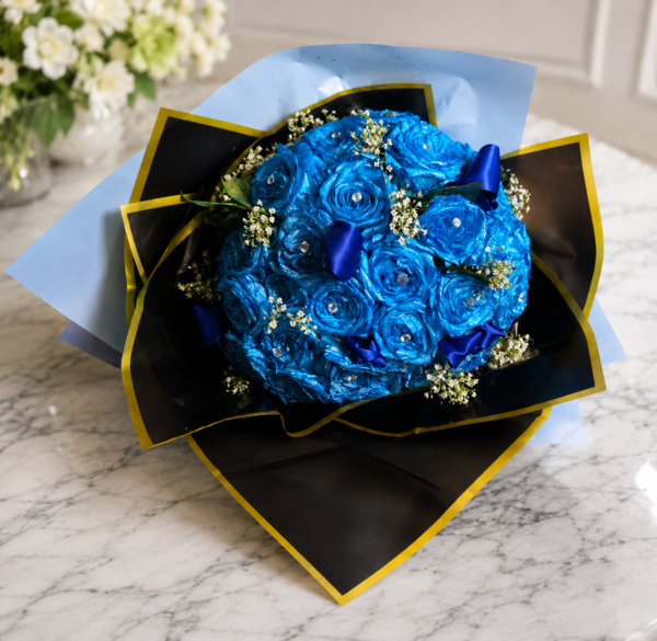 Hollywood Blues bouquet of radiant blue roses with sparkling gems, wrapped in black and gold paper, handcrafted by Cincinnati florist.