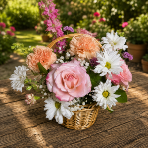 Coraline bouquet by local Cincinnati florist featuring roses, carnations, daisies, and sunflowers arranged with freshness and elegance.