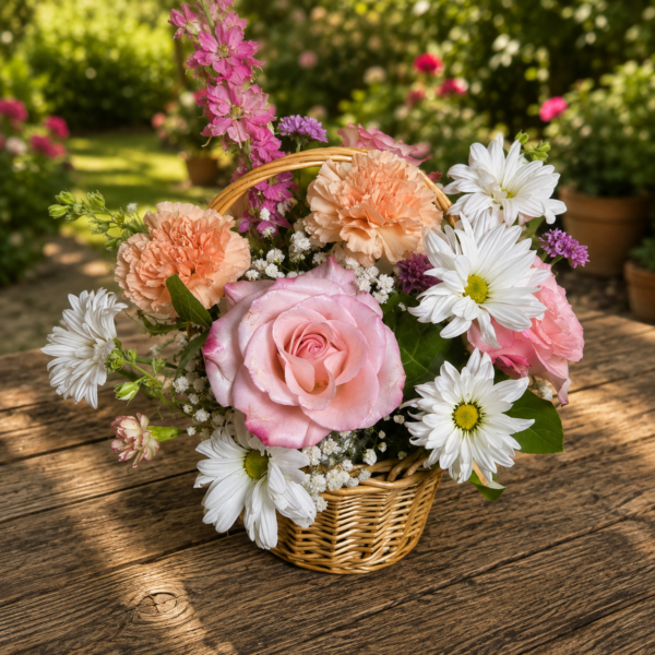 Coraline bouquet by local Cincinnati florist featuring roses, carnations, daisies, and sunflowers arranged with freshness and elegance.