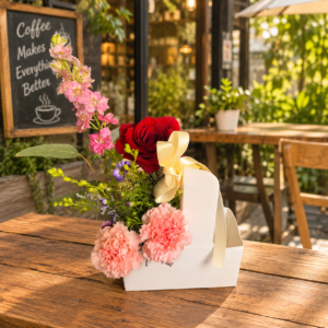 Coffee and Flowers To Go arrangement with pink carnations, red rose, purple asters, and tall blossoms in a white container with yellow ribbon, placed on a café table.
