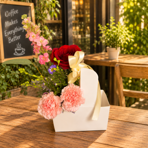 Coffee and Flowers To Go arrangement with pink carnations, red rose, purple asters, and tall blossoms in a white container with yellow ribbon, placed on a café table.