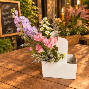 Coffee and Flowers To Go Supreme arrangement with pink roses, stock flowers, daisies, and lavender sprigs in a white container on a café table.