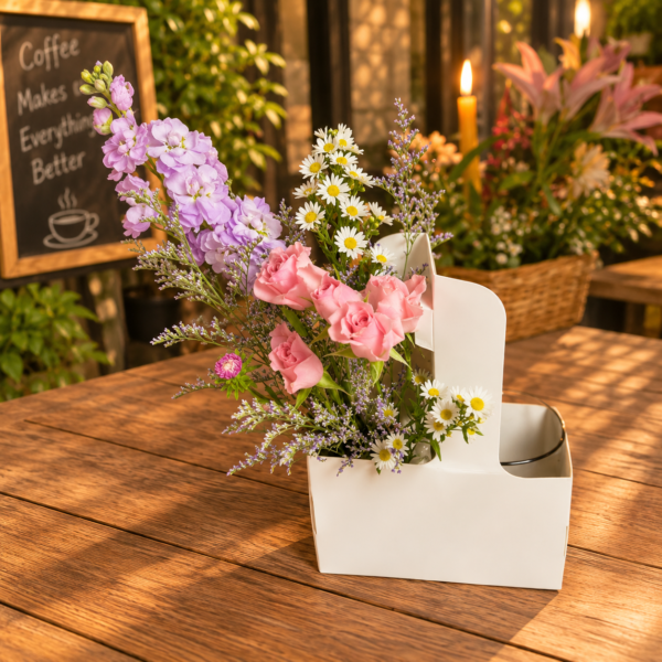 Coffee and Flowers To Go Supreme arrangement with pink roses, stock flowers, daisies, and lavender sprigs in a white container on a café table.