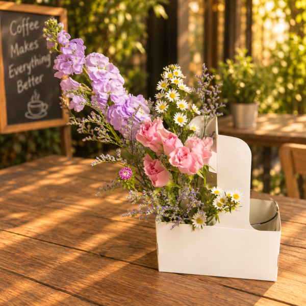 Coffee and Flowers To Go Supreme arrangement with pink roses, stock flowers, daisies, and lavender sprigs in a white container on a café table.