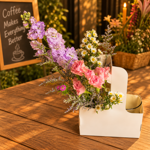 Coffee and Flowers To Go Supreme arrangement with pink roses, stock flowers, daisies, and lavender sprigs in a white container on a café table.