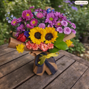 Coraline bouquet with sunflowers, roses, daisies, and carnations arranged on a wooden table with a garden background