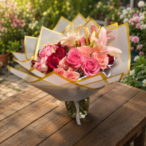 Elegant bouquet of pink roses, red roses, and lilies wrapped in white paper with gold trim, arranged in a glass vase.