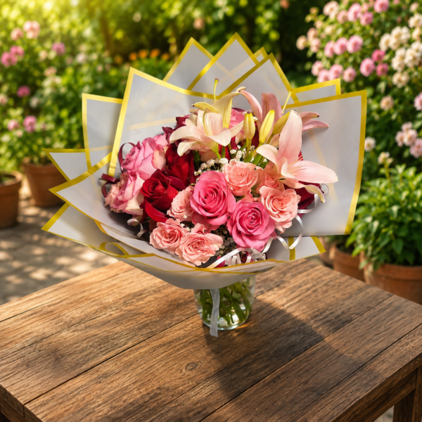 Elegant bouquet of pink roses, red roses, and lilies wrapped in white paper with gold trim, arranged in a glass vase.