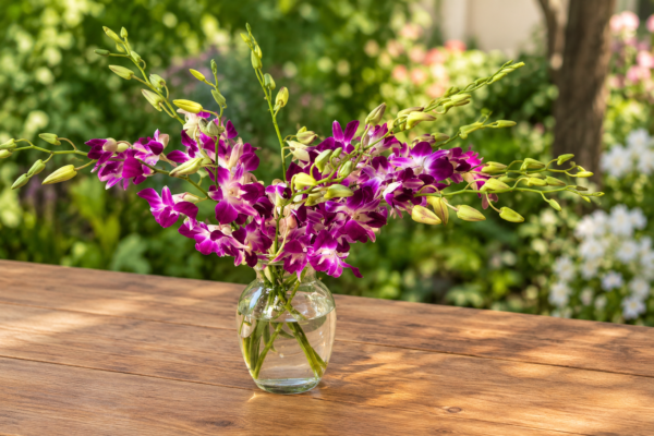 Elegant Orchid bouquet with purple and white orchids in a clear vase on a wooden table, surrounded by lush garden foliage.
