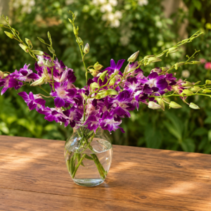 Elegant Orchid bouquet with purple and white orchids in a clear vase on a wooden table, surrounded by lush garden foliage.