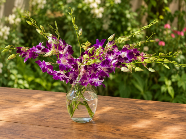 Elegant Orchid bouquet with purple and white orchids in a clear vase on a wooden table, surrounded by lush garden foliage.