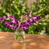 Elegant Orchid bouquet with purple and white orchids in a clear vase on a wooden table, surrounded by lush garden foliage.