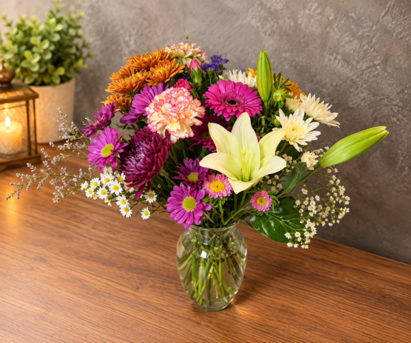 Fall Colors Designers Choice bouquet with lilies, chrysanthemums, carnations, and daisies in warm autumn tones, arranged in a clear glass vase.