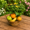 Wicker basket filled with fresh apples, pears, oranges, grapes, and seasonal flowers arranged for a get well gift.