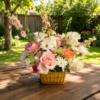 Grand Lux wicker basket filled with roses, daisies, carnations, and seasonal blossoms, handcrafted for delivery in Cincinnati and Northern Kentucky.