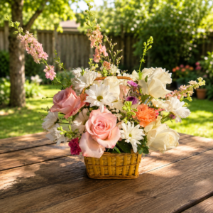 Grand Lux wicker basket filled with roses, daisies, carnations, and seasonal blossoms, handcrafted for delivery in Cincinnati and Northern Kentucky.
