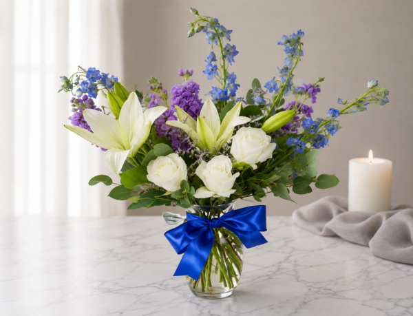 Our Prayers are with You Sympathy “Our Prayers Are With You Sympathy bouquet with white lilies, roses, and seasonal blooms, handcrafted by local Cincinnati florist allthepeoplesflowers.com.”